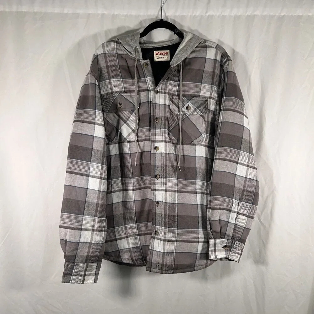 Wrangler Jacket Men's Large Medium Grey Plaid Button Up Hooded Drawstring